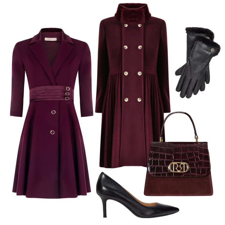 Outfit donna - Evento Rinascimento. Stile Chic per Serata fuori. Abbinamento con borse a mano, cappotti, vestiti midi/longuette, décolleté, guanti.