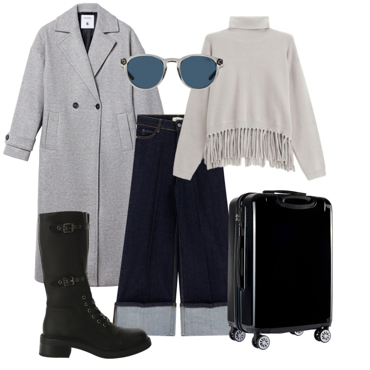 Outfit donna - Si parte. Stile Urban per Tutti i giorni. Abbinamento con cappotti, maglieria, valigie, stivali, jeans, occhiali da sole.