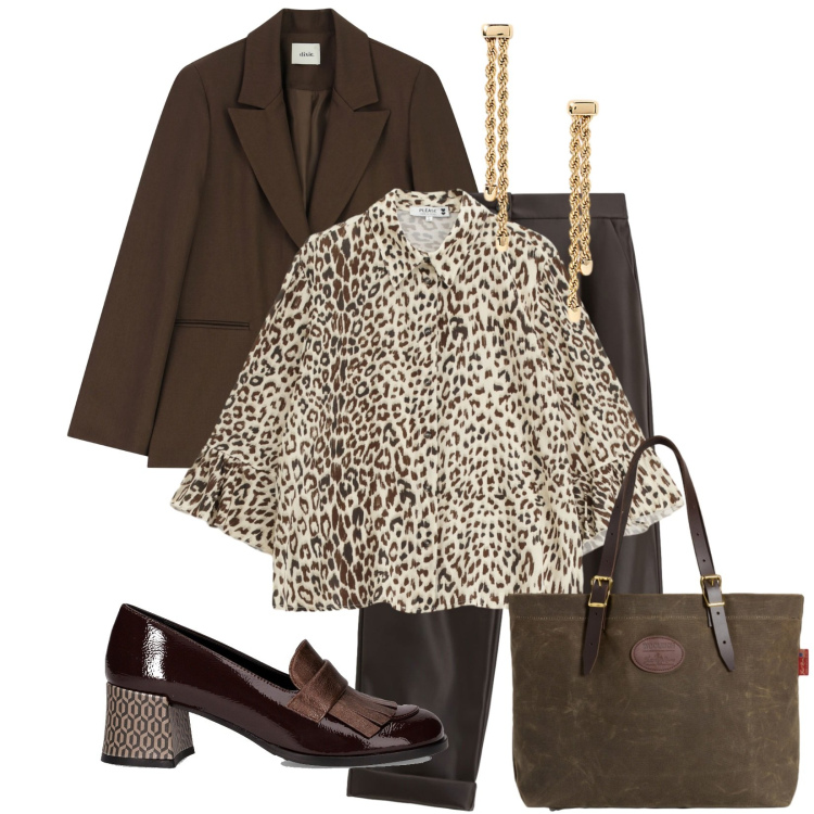 Outfit donna - Animalier in ufficio. Stile Casual per Ufficio. Abbinamento con camicie, blazer, pantaloni, orecchini, borse tote, mocassini.