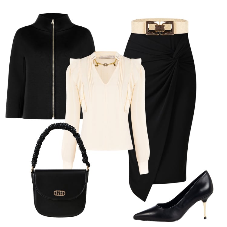 Outfit donna - “Miranda” in ufficio. Stile Glamour per Ufficio. Abbinamento con bluse, gonne, cinture, décolleté, cappe, borse a mano.