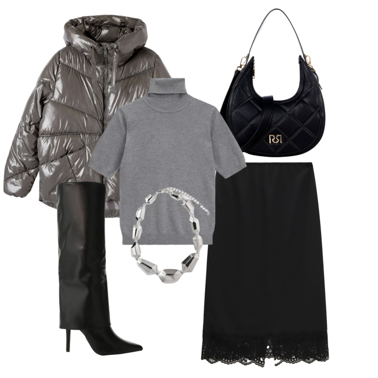 Outfit donna - Grinta in ufficio. Stile Glamour per Ufficio. Abbinamento con bomber, borse a tracolla, stivali, maglieria, gonne longuette, ciondoli.