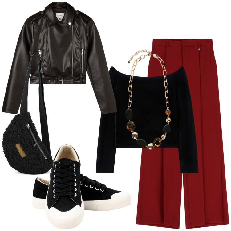 Outfit donna - Total look #2286422. Stile Urban per Tutti i giorni. Abbinamento con giacche, bluse, pantaloni a palazzo, sneakers, marsupi, collane.