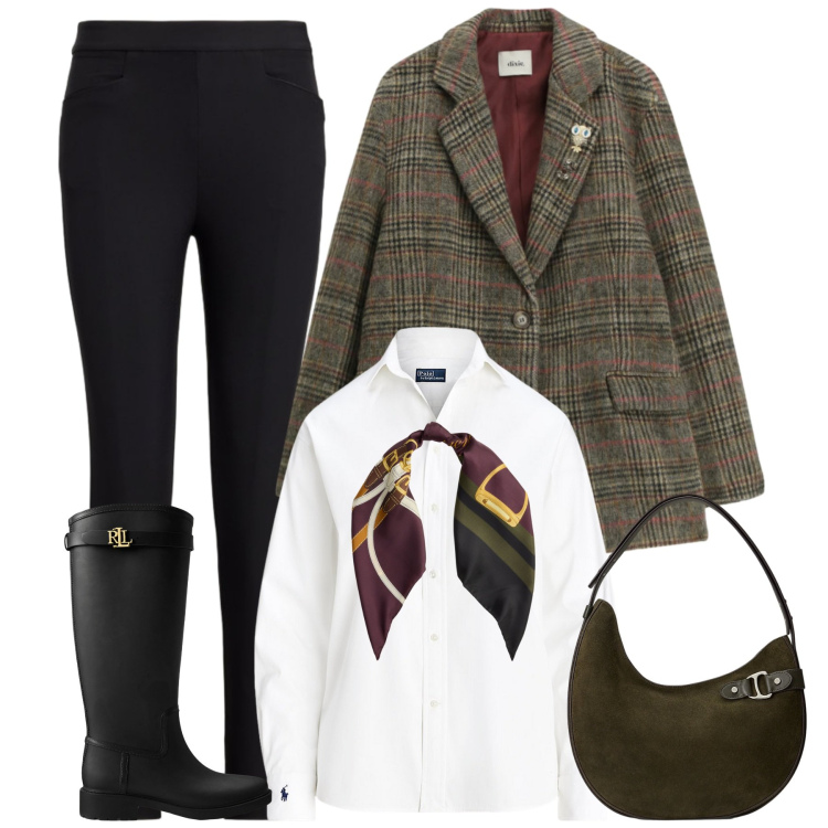 Outfit donna - Equestrian. Stile Casual chic per Tutti i giorni. Abbinamento con blazer, pantaloni, camicie, stivali di gomma, borse a spalla, foulard.
