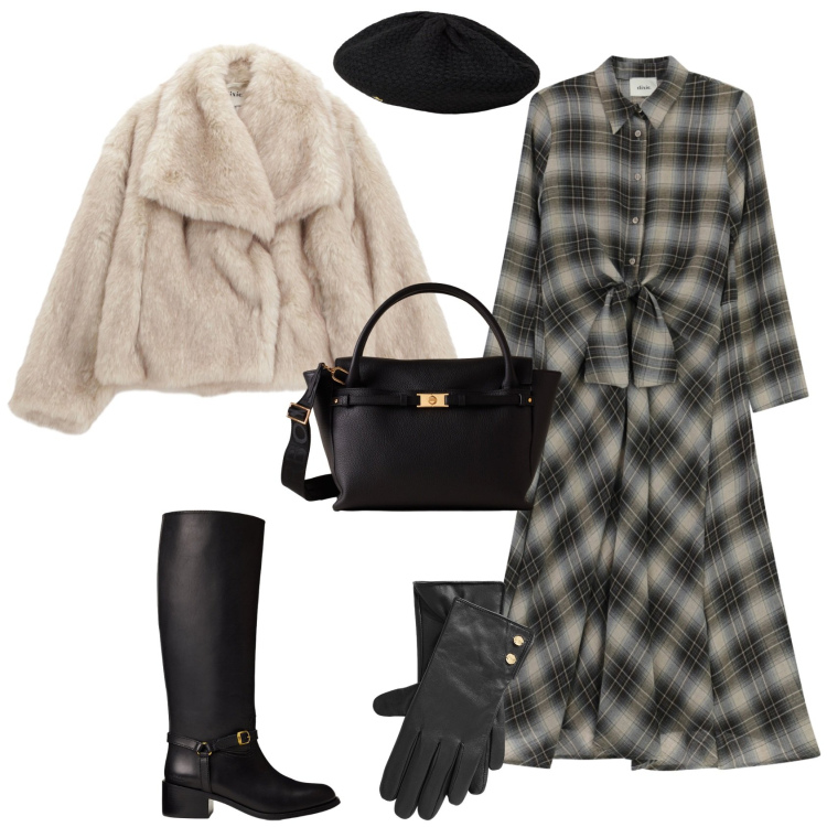 Outfit donna - Vintage retro \' tartan. Stile Vintage retrò per Tutti i giorni. Abbinamento con vestiti midi/longuette, blazer, borse a mano, berretti, guanti, stivali.