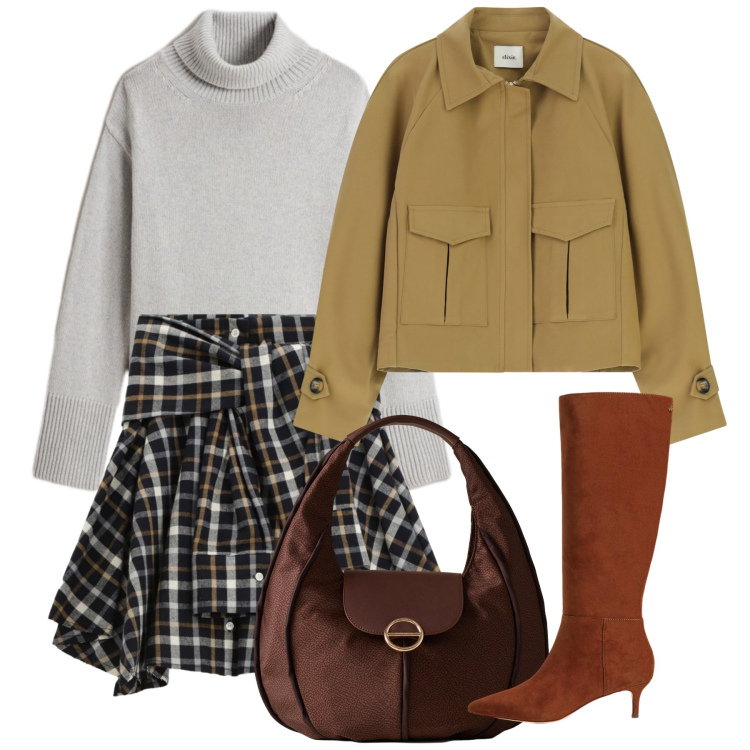 Outfit donna - Asimmetrie. Stile Bon Ton per Tutti i giorni. Abbinamento con borse a spalla, bomber, minigonne, stivali, maglieria.