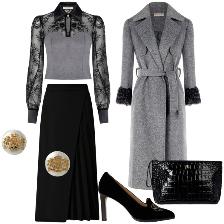 Outfit donna - Total look #2286431. Stile Chic per Serata fuori. look ideale per Tall. Abbinamento con bluse, gonne longuette, cappotti, orecchini, pochette, décolleté.