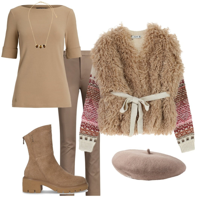 Outfit donna - Look caramello. Stile Sporty chic per Tutti i giorni. Abbinamento con maglieria, collane, t-shirt, pantaloni, berretti, stivaletti.