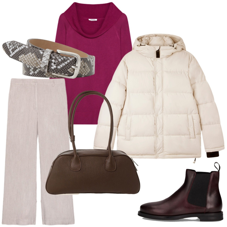 Outfit donna - L\'accessorio pitonato. Stile Casual per Ufficio. Abbinamento con bomber, cinture, borse a mano, pantaloni, maglieria, stivaletti chelsea.