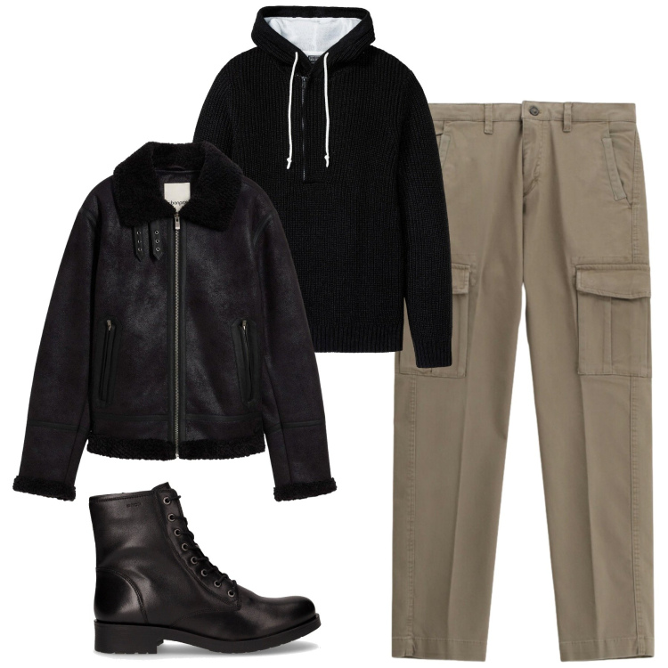 Outfit uomo - Total look #2286439. Stile Casual per Tutti i giorni. Abbinamento con giacche, maglieria, pantaloni cargo, stivali e stivaletti.