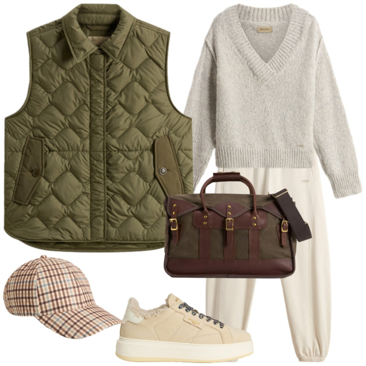 Outfit donna - Breve escursione. Stile Sporty chic per Tutti i giorni. Abbinamento con maglieria, borse a tracolla, sneakers, cappelli, pantaloni, gilet.