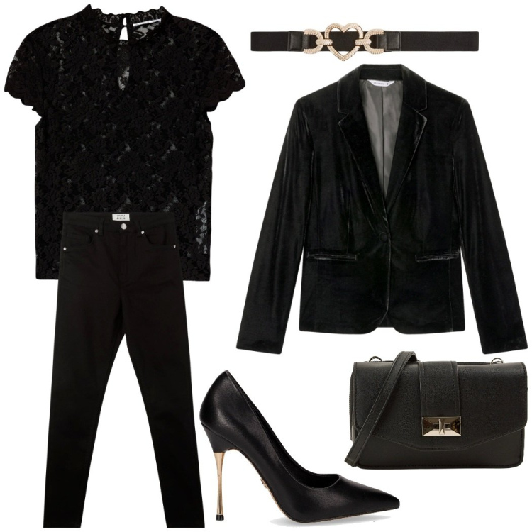 Outfit donna - Casual chic. Stile Casual chic per Serata fuori. Abbinamento con t-shirt, pantaloni skinny, borse a tracolla, blazer, cinture, décolleté.