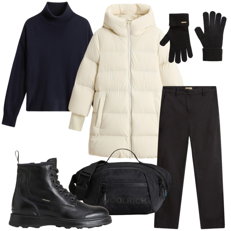 Outfit donna - Woolrich - Black Friday. Stile Glamour per Serata fuori. Abbinamento con anfibi, piumini, borse a tracolla, maglieria, guanti, pantaloni.