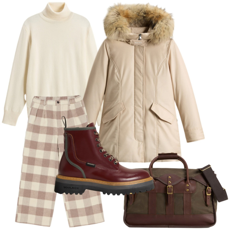 Outfit donna - Woolrich - Black Friday. Stile Casual per Ufficio. Abbinamento con parka, pantaloni, borse a tracolla, anfibi, maglieria.