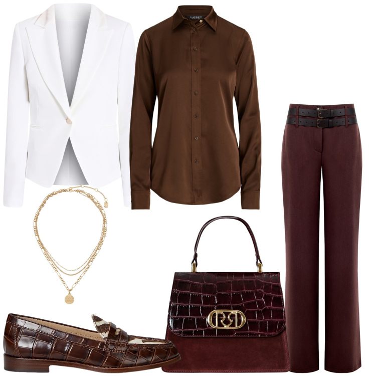 Outfit donna - Sempre più elegante. Stile Glamour per Tutti i giorni. Abbinamento con blazer, pantaloni, borse a mano, camicie, ciondoli, mocassini.