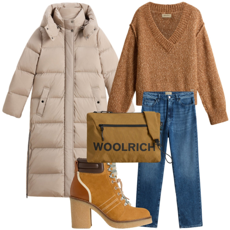 Outfit donna - Woolrich - Black Friday. Stile Minimal per Tutti i giorni. Abbinamento con borse a tracolla, stivaletti, parka, maglieria, jeans.