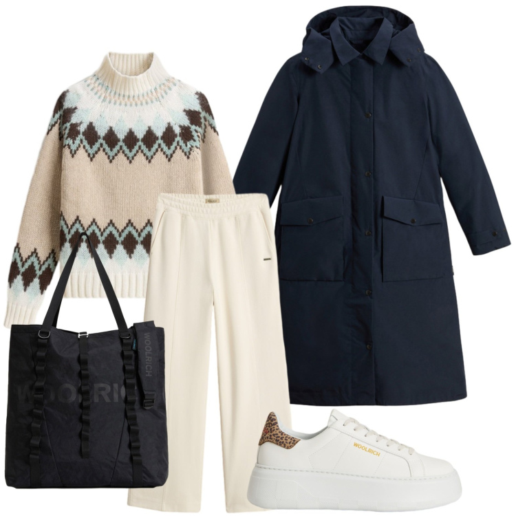 Outfit donna - Woolrich - Black Friday. Stile Bon Ton per Tutti i giorni. Abbinamento con eskimo, pantaloni, maglieria, borse tote, sneakers.