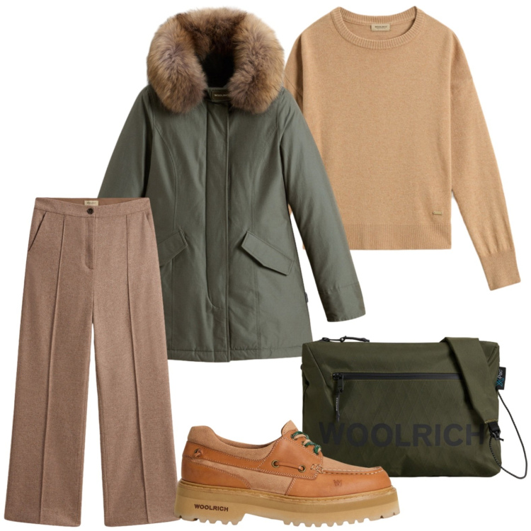 Outfit donna - Woolrich - Black Friday. Stile Minimal per Ufficio. Abbinamento con parka, borse a tracolla, maglieria, pantaloni, mocassini.