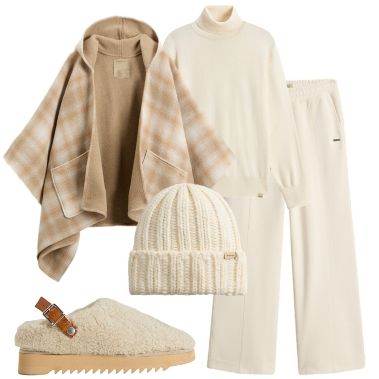 Outfit donna - Primi freddi. Stile Casual per Tutti i giorni. Abbinamento con cappe, sabot, pantaloni, berretti, maglieria.