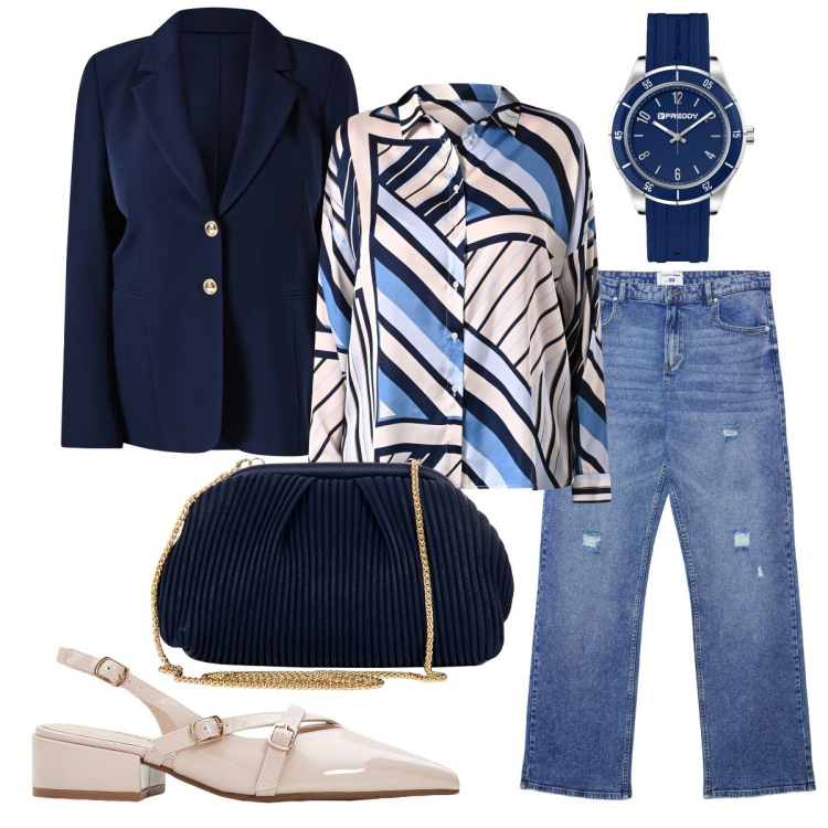 Outfit donna - Bon ton per uscire. Stile Bon Ton per Serata fuori. Abbinamento con décolleté, jeans strappati, pochette, blazer, camicie, orologi.