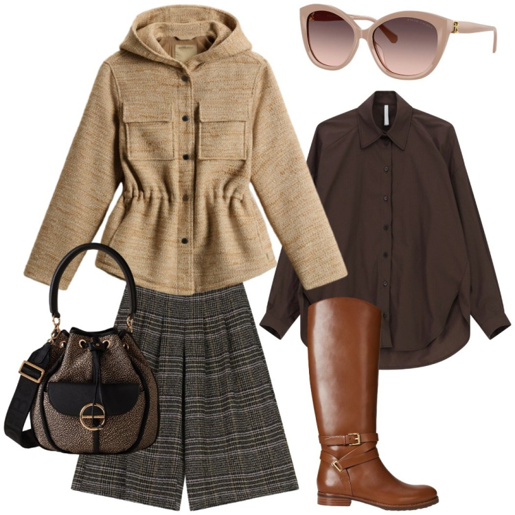 Outfit donna - Total look #2286463. Stile Casual chic per Ufficio. Abbinamento con pantaloni a palazzo, camicie, borse a secchiello, occhiali da sole, stivali, blazer.