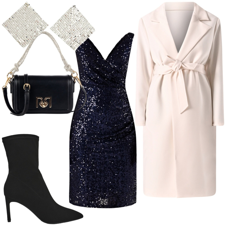 Outfit donna - Black&white tonight!. Stile Chic per Serata fuori. Abbinamento con vestiti a tubino, cappotti, borse a mano, orecchini, stivali.