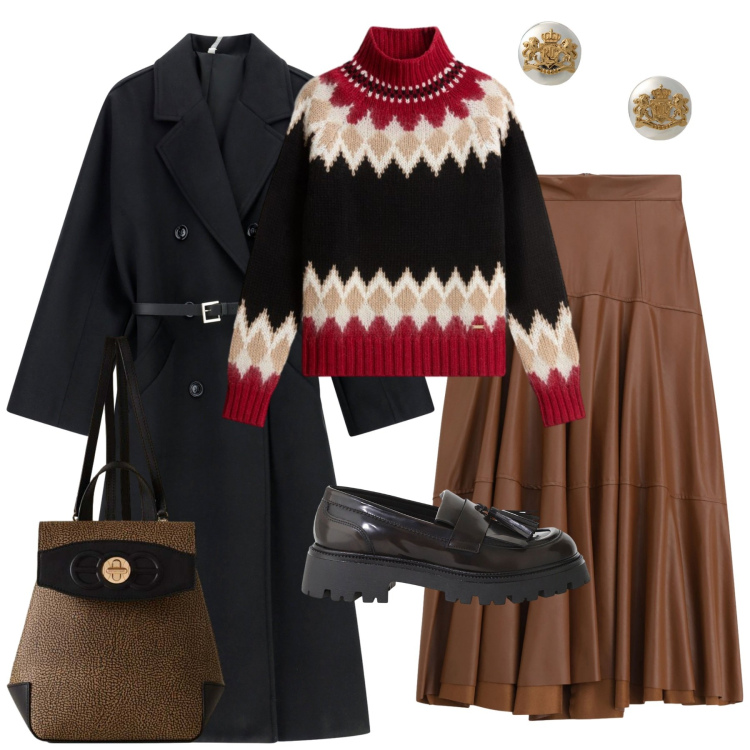 Outfit donna - A spasso per la città. Stile Casual chic per Tutti i giorni. Abbinamento con cappotti, gonne lunghe, mocassini, zaini, maglieria, orecchini.