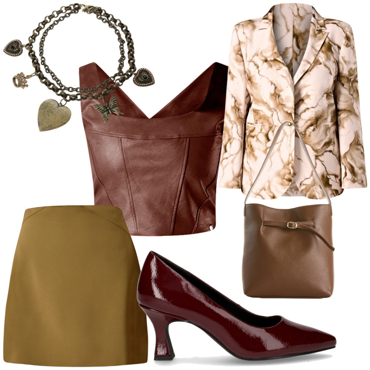 Outfit donna - Total look #2286469. Stile Chic per Serata fuori. Abbinamento con borse a mano, collane, top, minigonne, blazer, décolleté.