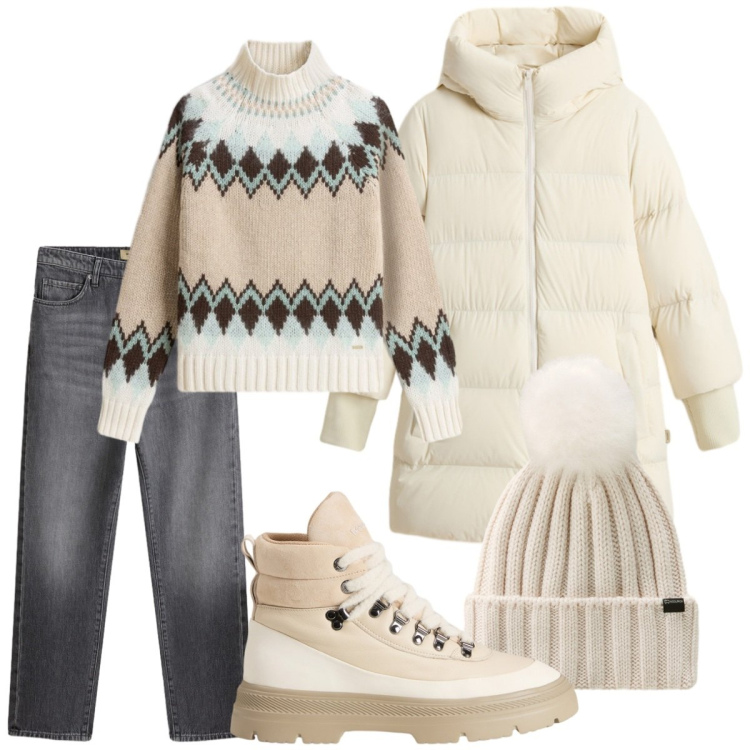 Outfit donna - Total look #2286471. Stile Sporty chic per Tutti i giorni. Abbinamento con jeans, maglieria, piumini, berretti, anfibi.