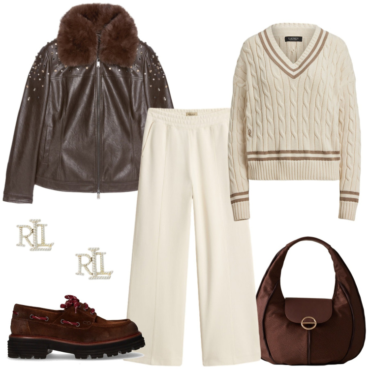 Outfit donna - Weekend con amici. Stile Casual chic per Tutti i giorni. Abbinamento con borse a spalla, orecchini, maglieria, pantaloni, giacche, mocassini.