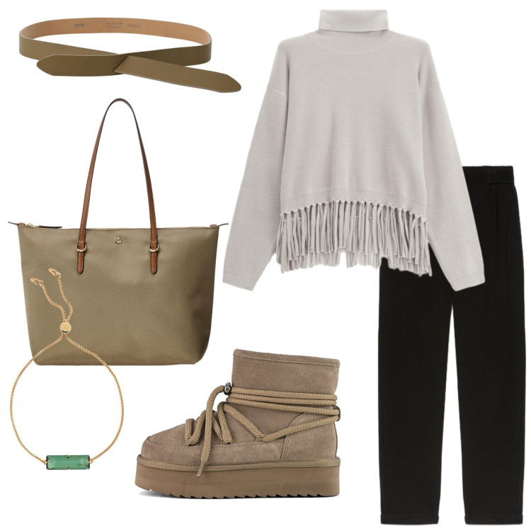 Outfit donna - Hygge Cozy chic. Stile Casual chic per Tutti i giorni. Abbinamento con maglieria, cinture, borse tote, braccialetti, pantaloni, stivaletti.