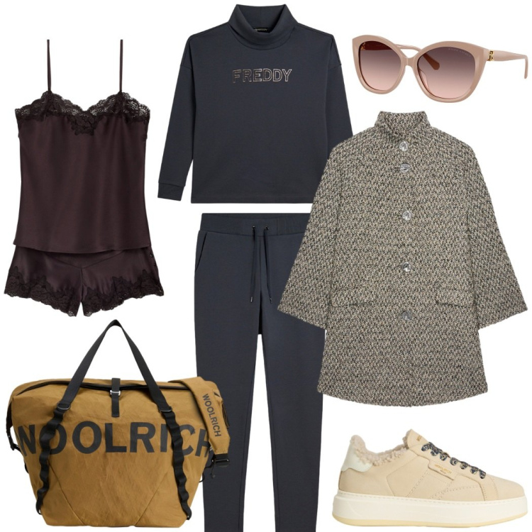 Outfit donna - Weekend fuori città. Stile Casual chic per Tutti i giorni. Abbinamento con tute, pigiama, occhiali da sole, sneakers, borse sportive, cappotti.
