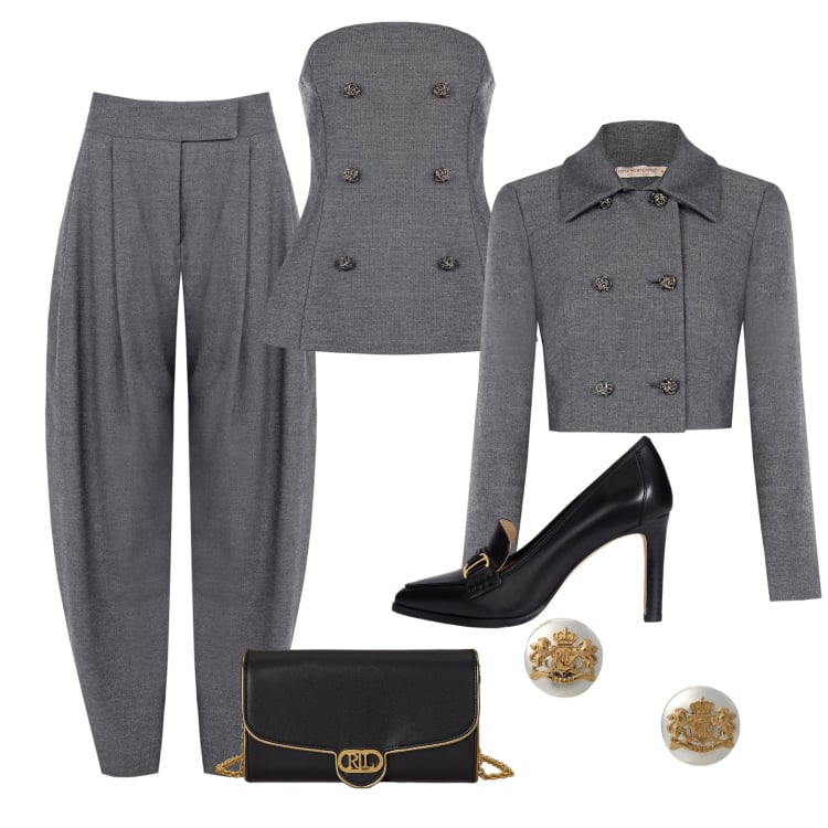 Outfit donna - Completo chic Rinascimento. Stile Chic per Cerimonia. Abbinamento con pantaloni, top, blazer, orecchini, décolleté, borse a tracolla.