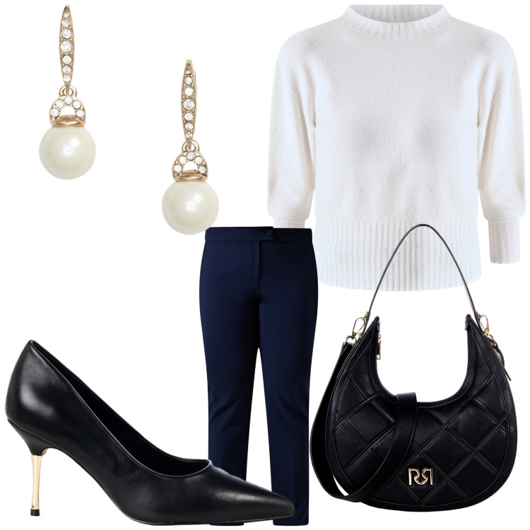 Outfit donna - Happy hour. Stile Casual per Serata fuori. Abbinamento con borse a tracolla, décolleté, maglieria, pantaloni, orecchini.