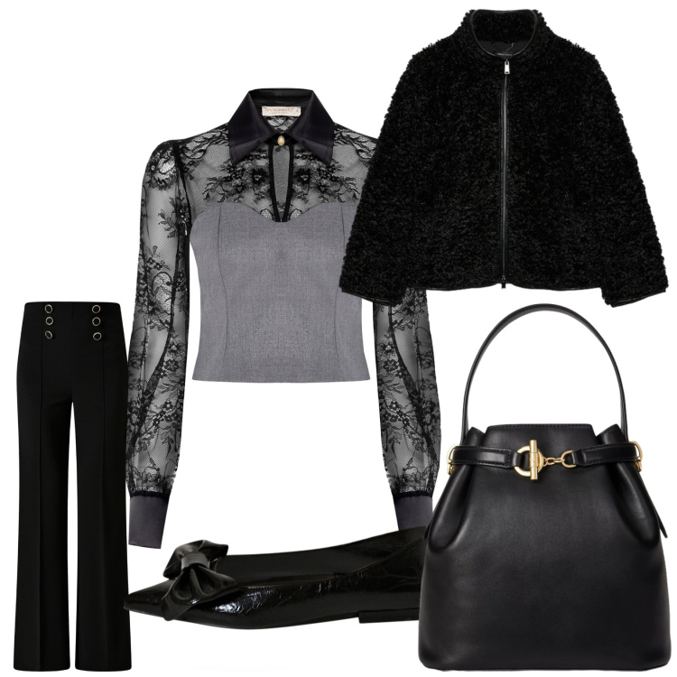 Outfit donna - Totale black. Stile Glamour per Serata fuori. Abbinamento con bluse, pantaloni, ballerine, borse a secchiello, ecopellicce.