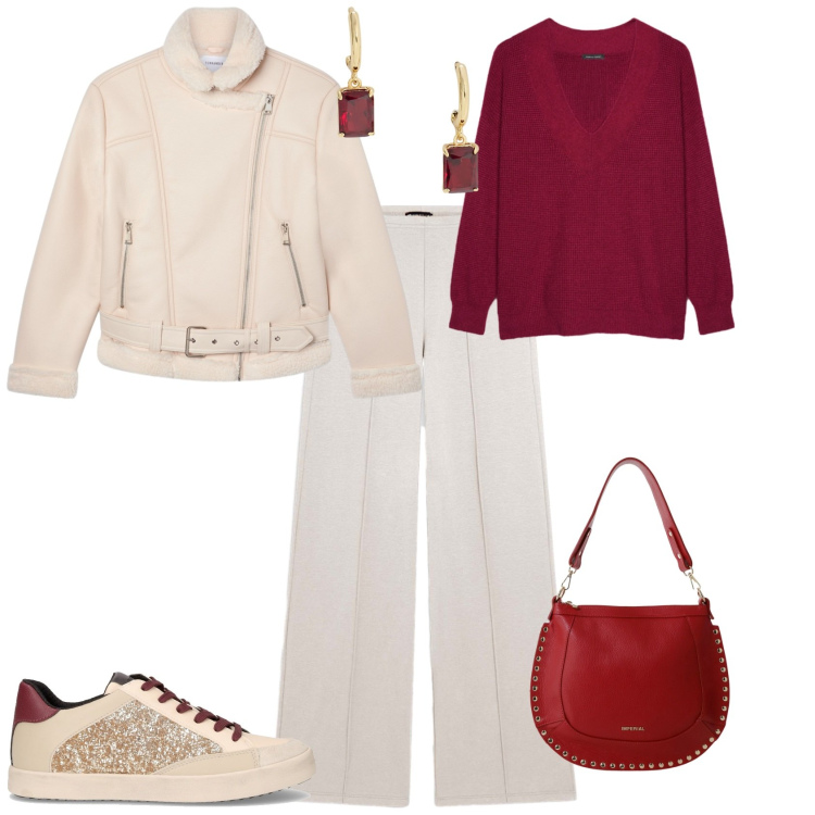 Outfit donna - Trendy pronta per le feste. Stile Trendy per Tutti i giorni. Abbinamento con bomber, borse a spalla, pantaloni, orecchini, maglieria, sneakers.