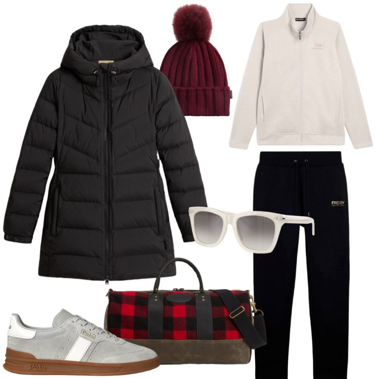 Outfit donna - Weekend fuori città. Stile Sporty chic per Tutti i giorni. Abbinamento con tute, berretti, borse sportive, piumini, sneakers, occhiali da sole.