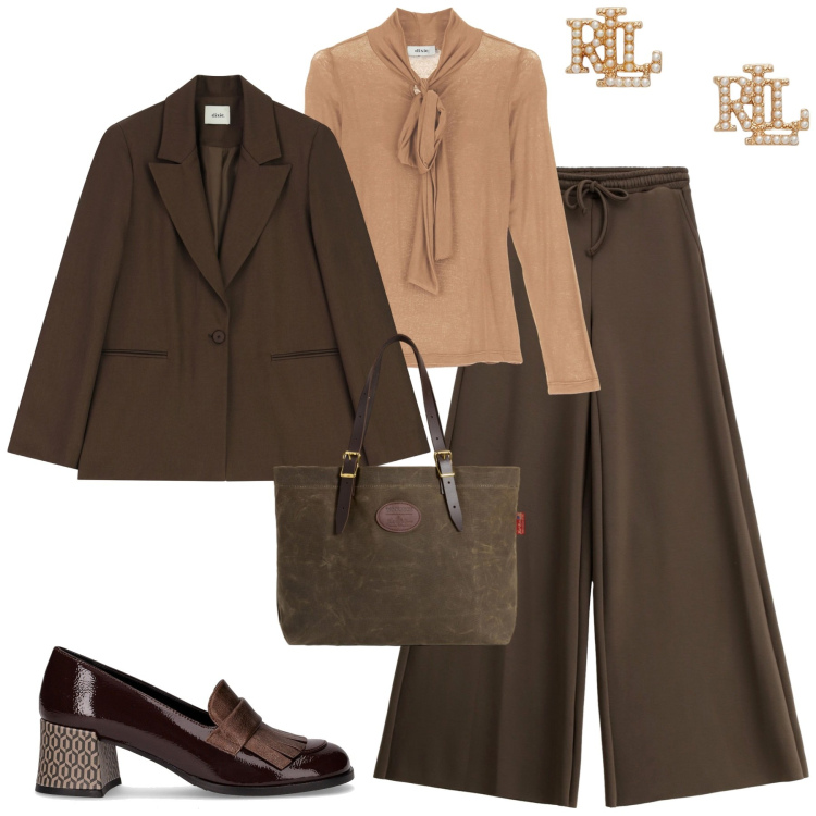 Outfit donna - City. Stile Urban per Tutti i giorni. Abbinamento con pantaloni a palazzo, top, blazer, orecchini, borse tote, mocassini.