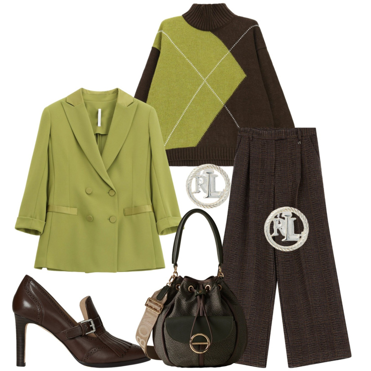 Outfit donna - Total look #2286486. Stile Chic per Serata fuori. Abbinamento con blazer, maglieria, pantaloni a palazzo, borse a secchiello, orecchini, décolleté.