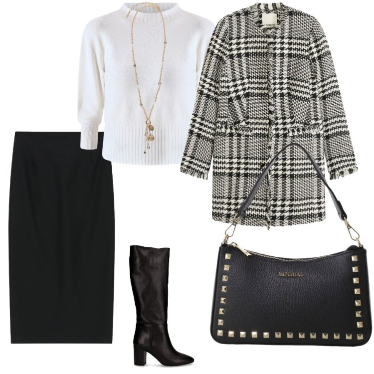 Outfit donna - Classica longuette must have. Stile Bon Ton per Serata fuori. Abbinamento con blazer, maglieria, pochette, gonne longuette, ciondoli, stivali.