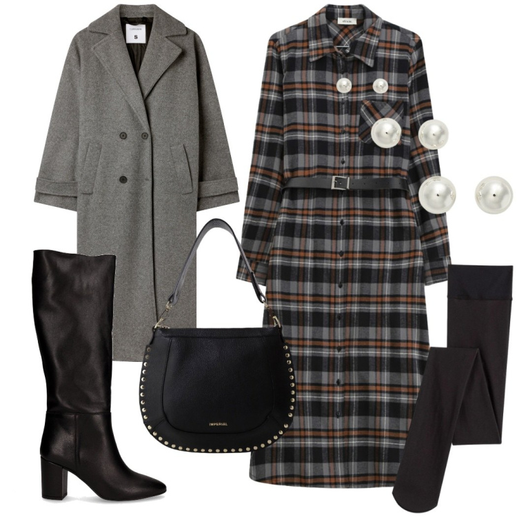 Outfit donna - Urban style. Stile Casual chic per Tutti i giorni. look ideale per Tall. Abbinamento con collant, cappotti, borse a spalla, vestiti midi/longuette, orecchini, stivali.