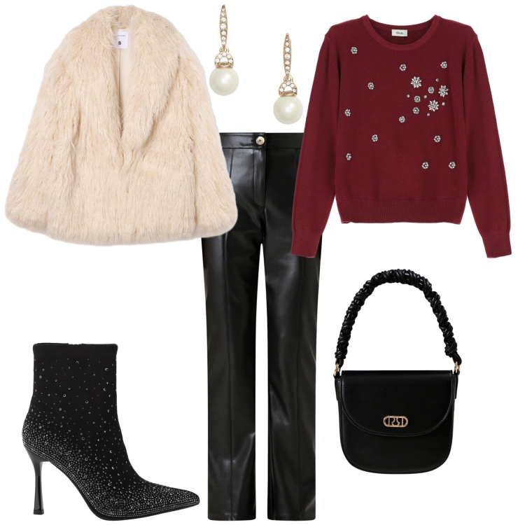 Outfit donna - Cena in famiglia festività. Stile Chic per Serata fuori. Abbinamento con ecopellicce, pantaloni, borse a mano, stivaletti, orecchini, maglieria.