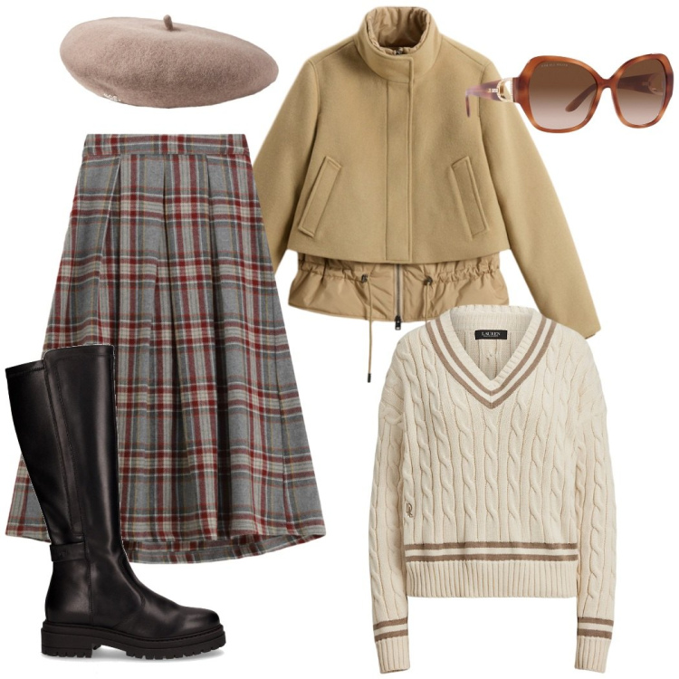 Outfit donna - Stile college. Stile Preppy per Tutti i giorni. Abbinamento con gonne lunghe, occhiali da sole, maglieria, berretti, blazer, stivali.