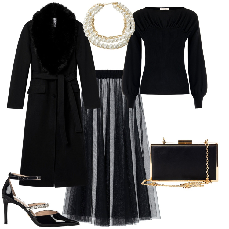 Outfit donna - Festività serate eventi speciali. Stile Bon Ton per Serata fuori. Abbinamento con maglieria, pochette, décolleté, cappotti, gonne lunghe, collane.