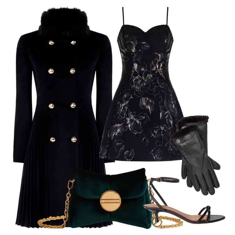 Outfit donna - Galà Rinascimento F/W. Stile Glamour per Cerimonia. Abbinamento con cappotti, vestiti corti, borse a tracolla, sandali in pelle, guanti.