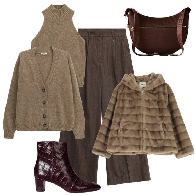 Outfit donna - Twinset tortora mélange. Stile Glamour per Ufficio. Abbinamento con borse a spalla, top, cardigans, pantaloni a palazzo, blazer, stivaletti.