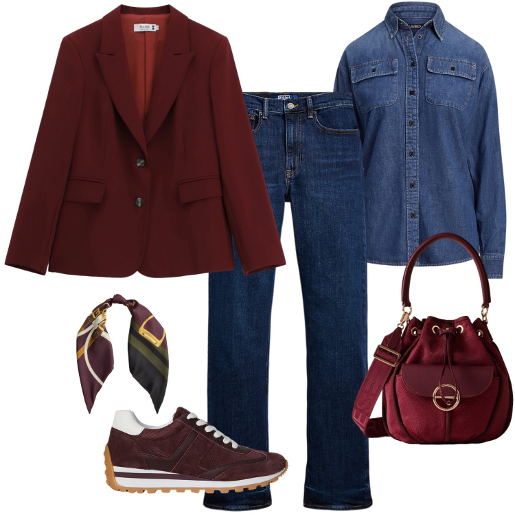 Outfit donna - Burgundy casual chic. Stile Casual chic per Tutti i giorni. Abbinamento con blazer, borse a secchiello, jeans dritti, camicie, sneakers, foulard.