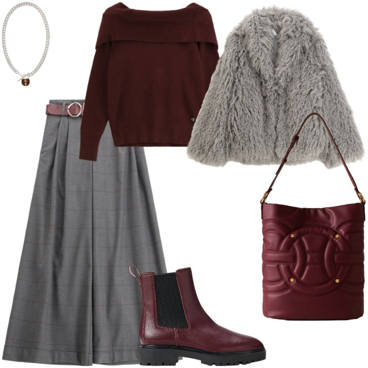 Outfit donna - Total look #2286498. Stile Casual chic per Serata fuori. Abbinamento con pantaloni, ecopellicce, maglieria, borse a secchiello, ciondoli, stivaletti chelsea.