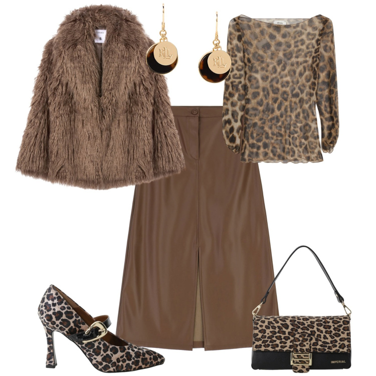 Outfit donna - Serata evento speciale. Stile Chic per Serata fuori. Abbinamento con ecopellicce, borse a spalla, gonne longuette, décolleté, top, orecchini.