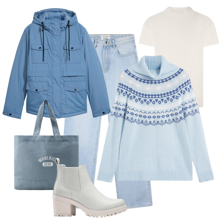 Outfit donna - Contro il freddo in azzurro. Stile Casual per Tutti i giorni. Abbinamento con maglieria, blazer, stivaletti chelsea, jeans dritti, t-shirt, borse tote.