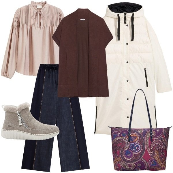 Outfit donna - a strati contro il freddo. Stile Basic per Tutti i giorni. Abbinamento con piumini, stivaletti, bluse, pantaloni a palazzo, borse tote, cardigans.